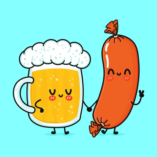 Bonito Engraçado Copo Feliz Cerveja Salsicha Vector Mão Desenhada Personagens —  Vetores de Stock
