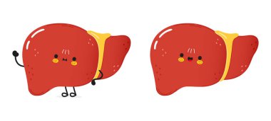Sevimli, komik, el sallayan karaciğer. Vektör el çizimi çizgi film kawaii karakter çizimi simgesi. Beyaz arka planda izole edilmiş. Mutlu karaciğer karakter konsepti