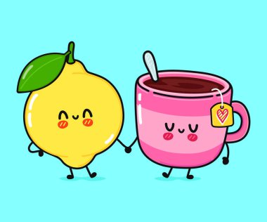 Sevimli, neşeli bir fincan çay ve limon karakteri. Vektör el çizimi çizgi film kawaii karakterleri, illüstrasyon simgesi. Komik bir çay ve limon arkadaş konsepti.