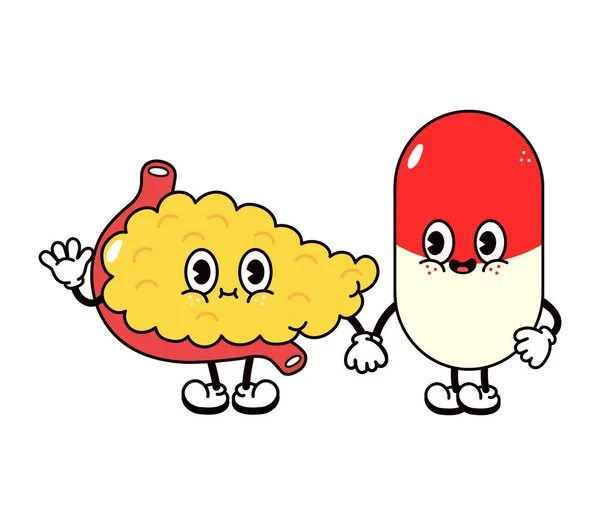 Cute Funny Happy Pancreas Pill Character Vector Hand Drawn Cartoon — Stock Vector