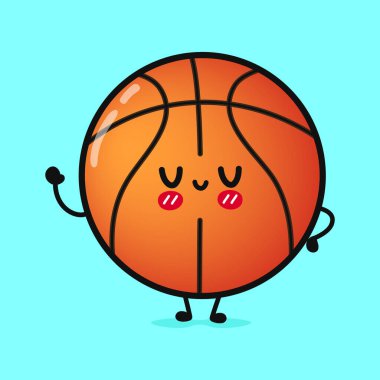 Sevimli, komik, el sallayan basketbol topu. Vektör el çizimi çizgi film kawaii karakter çizimi simgesi. Mavi arka planda izole edilmiş. Basketbol karakteri kavramı