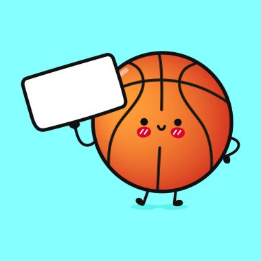 Posterli şirin komik basketbol topu. Vektör el çizimi çizgi film kawaii karakter çizimi simgesi. Mavi arka planda izole edilmiş. Basketbol konseptini düşün.