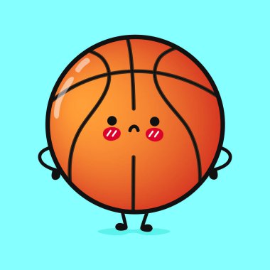 Sevimli, sinirli basketbol karakteri. Vektör el çizimi çizgi film kawaii karakter çizimi simgesi. Mavi arka planda izole edilmiş. Üzgün basketbol karakteri konsepti