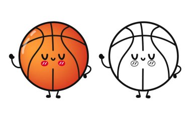 Komik, sevimli, mutlu basketbol karakterleri seti. Vektör el çizimi çizgi film kawaii karakter çizimi simgesi. Sevimli basketbol topu. Çizgi film resimleme kitabı
