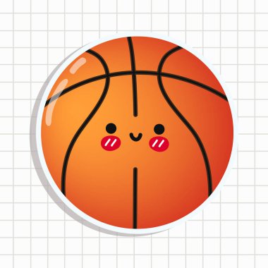 Hoş komik basketbol etiketi. Vektör el çizimi çizgi film Kawaii karakter çizimi ikonu. Arka planda izole edilmiş. Mutlu Basketbol Karakteri Konsepti
