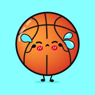 Sevimli ağlayan basketbol karakteri. Vektör el çizimi çizgi film kawaii karakter çizimi simgesi. Mavi arka planda izole edilmiş. Ağlayan sevimli basketbol karakteri konsepti