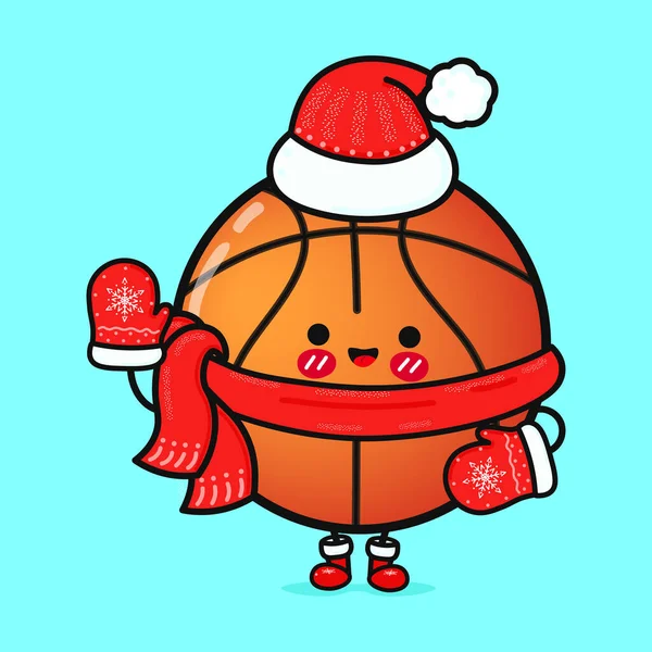 Engraçado Sorrindo Feliz Basquete Natal Hat Vector Desenho Animado Plano — Vetor de Stock
