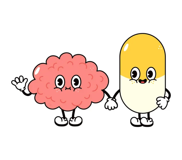 Χαριτωμένος Αστείος Χαρούμενος Εγκέφαλος Και Χαρακτήρας Χαπιού Εικονίδιο Εικονογράφησης Χαρακτήρων — Διανυσματικό Αρχείο