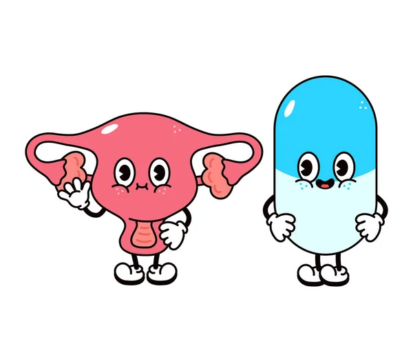 Niedlich Lustig Glücklich Uterus Und Pille Charakter Vector Handgezeichnete Karikatur — Stockvektor