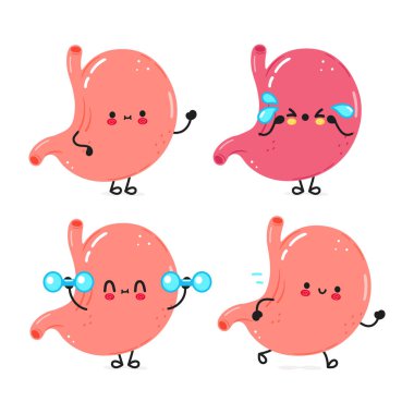 Sevimli mutlu mide karakterleri seti. Vektör el çizimi karikatür karakter çizim simgesi tasarımı. Şirin bir mide maskotu koleksiyonu.