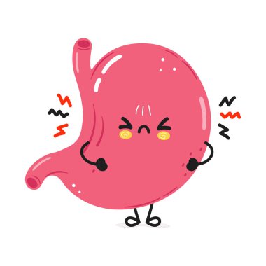 Şirin, sinirli bir mide karakteri. Vektör el çizimi çizgi film kawaii karakter çizimi simgesi. Beyaz arka planda izole edilmiş. Üzgün, sevimli mide karakteri konsepti
