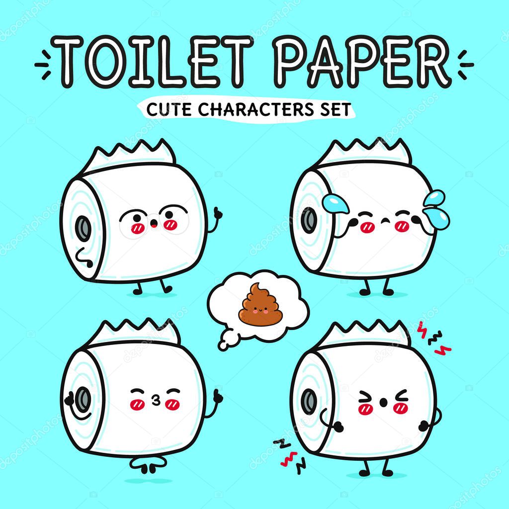 Funny cute happy toilet paper characters bundle set. Vector hand drawn doodle style cartoon character illustration icon design. Isolated on blue background. Toilet paper mascot character collection