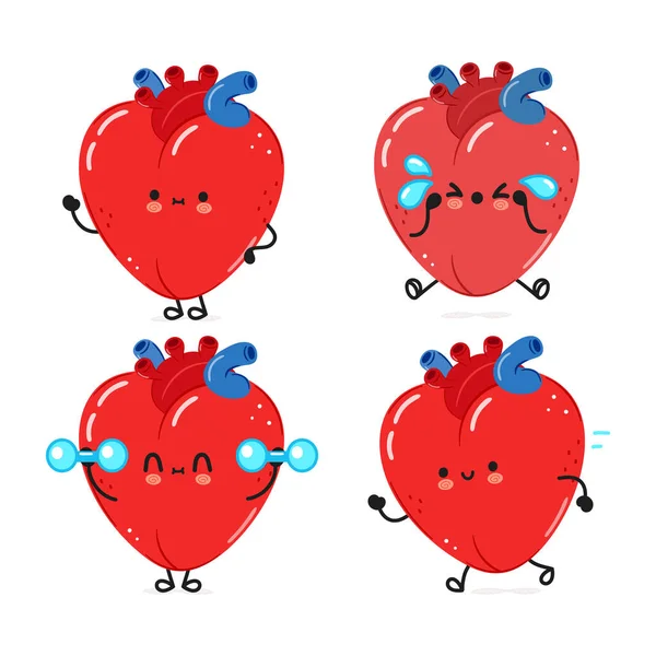 Conjunto Pacotes Caracteres Órgãos Cardíacos Engraçados Vector Mão Desenhada Doodle —  Vetores de Stock