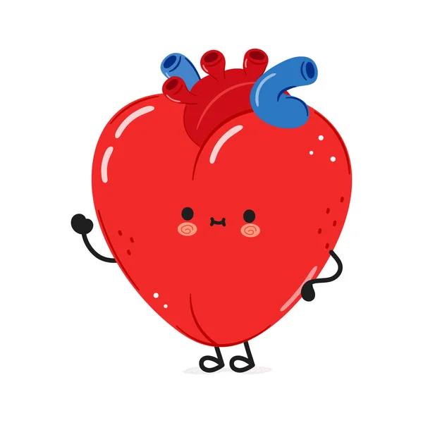 かわいい面白い心臓器官手の文字を振って ベクトル手描き漫画カワイイキャラクターイラストアイコン 白い背景に隔離されている ハッピーハートオルガンキャラクターコンセプト — ストックベクタ