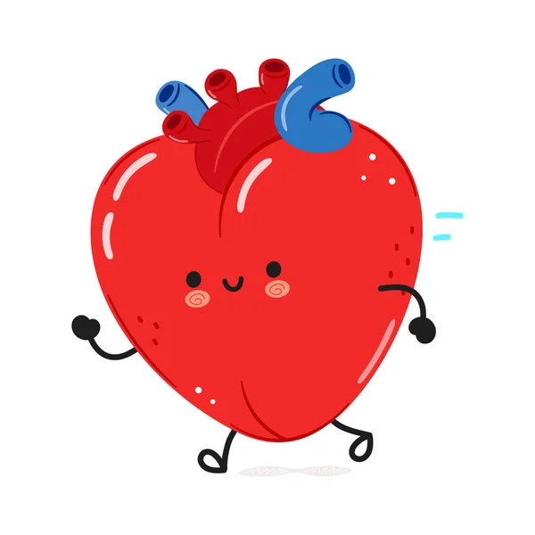 かわいい面白いランニング心臓器官 ベクトル手描き漫画カワイイキャラクターイラストアイコン 白い背景に隔離されている 幸せな心臓器官の概念を実行します — ストックベクタ