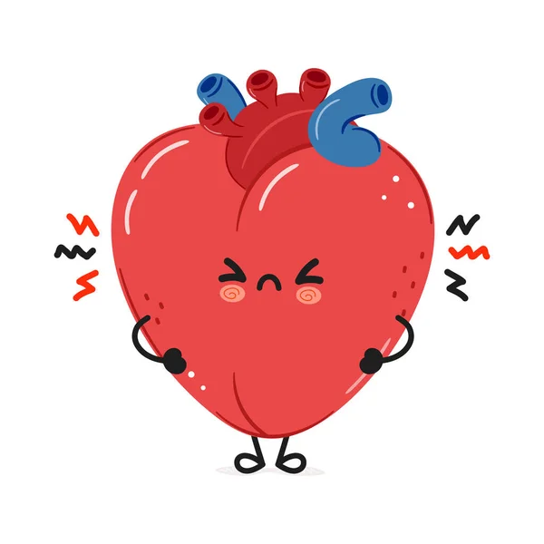 Carino Carattere Organo Cardiaco Arrabbiato Vettore Disegnato Mano Cartone Animato — Vettoriale Stock