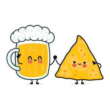 Sevimli, neşeli bir bardak bira ve nachos. Vektör el çizimi çizgi film kawaii karakterleri, illüstrasyon simgesi. Komik bir bardak bira ve nachos maskotu arkadaş konsepti.