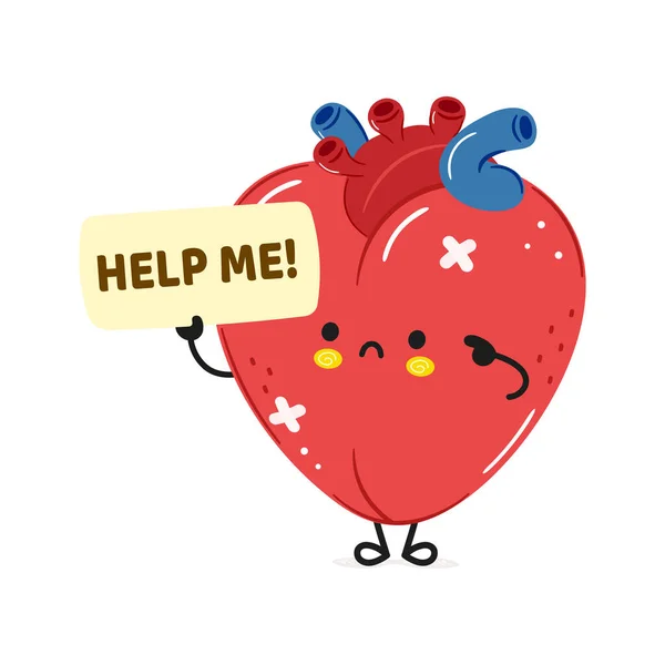 Niedlich Traurige Herzorgan Bittet Hilfe Charakter Vector Handgezeichnete Karikatur Kawaii — Stockvektor