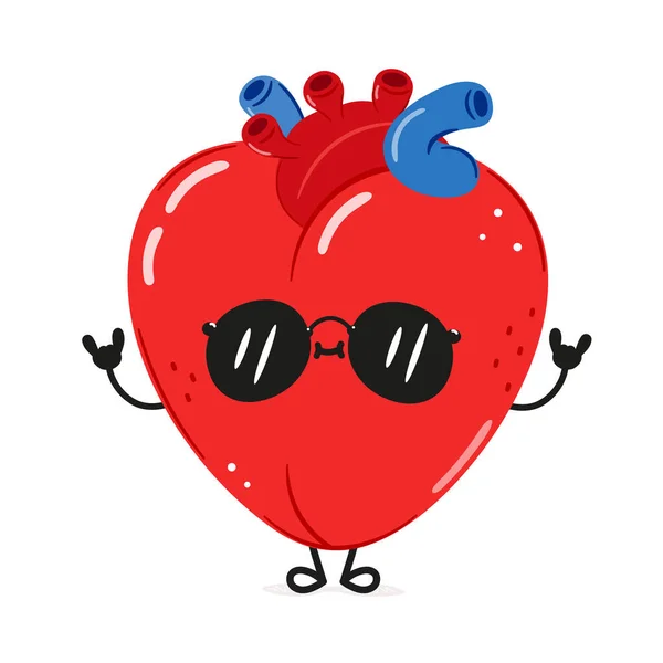 かわいい面白い心臓器官手の文字を振って ベクトル手描き漫画カワイイキャラクターイラストアイコン 白い背景に隔離されている ハッピーハートオルガンキャラクターコンセプト — ストックベクタ