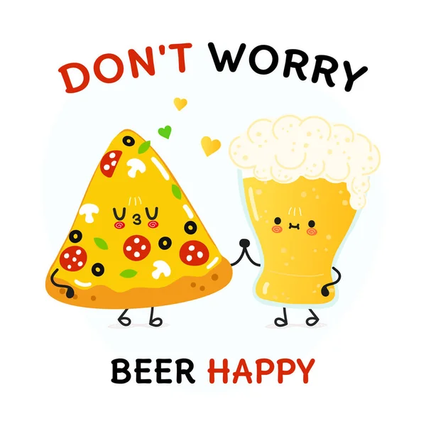 Милый Веселый Счастливый Стакан Пива Кусок Пиццы Векторный Рисунок Руки — стоковый вектор
