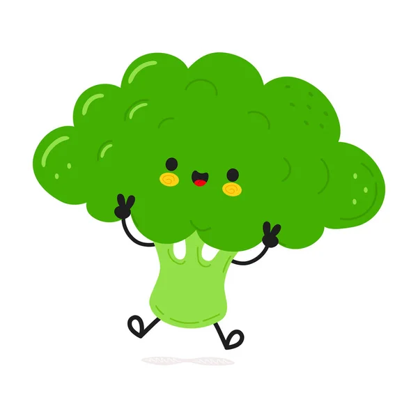 Bonito Engraçado Personagem Salto Brócolis Vector Mão Desenhada Desenho Animado — Vetor de Stock