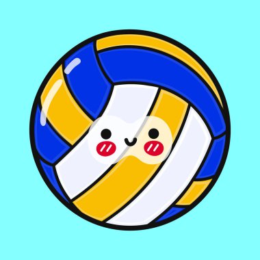 Sevimli komik voleybol topu. Vektör el çizimi çizgi film kawaii karakter çizimi simgesi. Mavi arka planda izole edilmiş. Mutlu voleybol karakteri konsepti