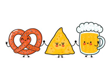 Sevimli, neşeli bir bardak bira, kraker ve cips. Vektör el çizimi çizgi film kawaii karakterleri, illüstrasyon simgesi. Komik çizgi film birası, simit cipsi maskot arkadaş konsepti.