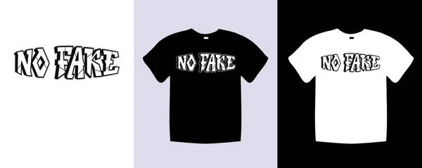 黒のTシャツ Fake という言葉のついたシャツ タイポグラフィフレーズ Fake Tワイシャツレタリングデザイン 流行のアパレルファッショナブルなテキストいいえフェイクグラフィック上の黒と白のシャツ — ストックベクタ