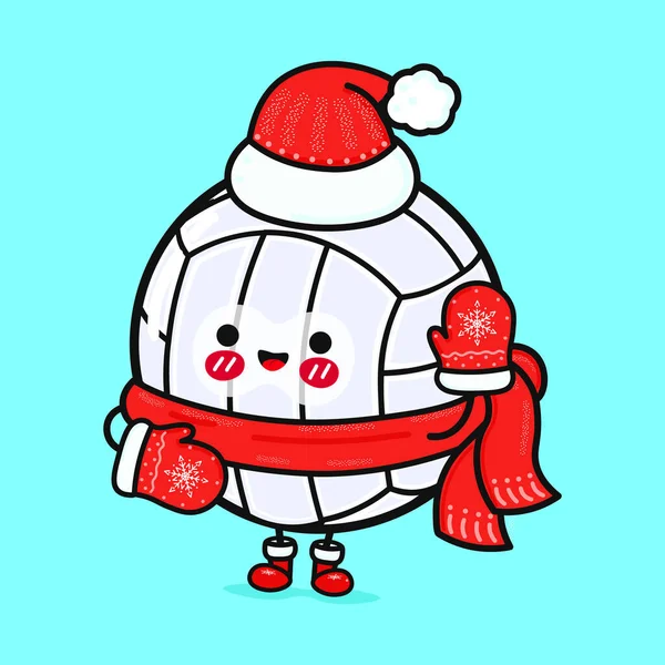 Engraçado Sorrindo Feliz Vôlei Natal Hat Vector Desenho Animado Plano — Vetor de Stock