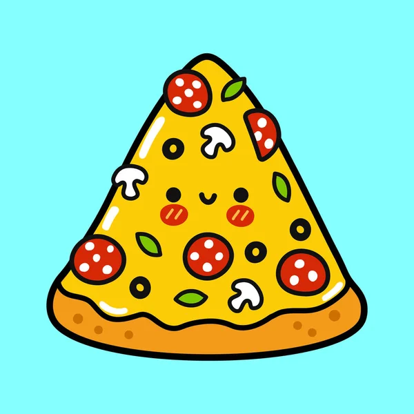 ピザのかわいい面白い作品 ベクトル手描き漫画カワイイキャラクターイラストアイコン 青い背景に隔離されています ハッピーピザのキャラクターコンセプト — ストックベクタ