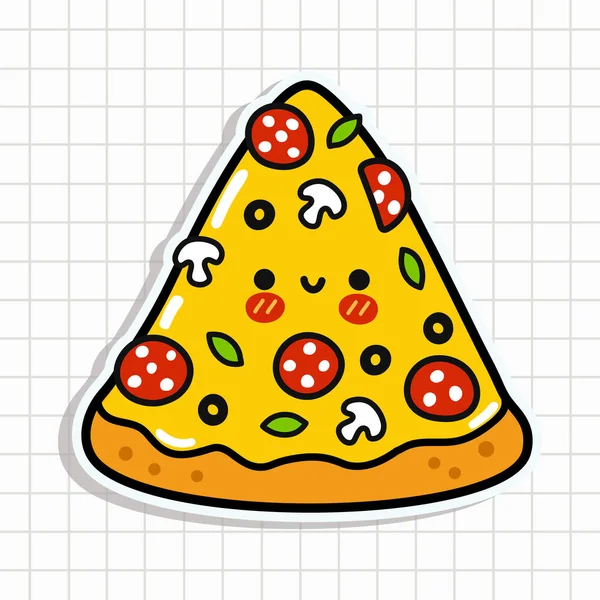Carino Divertente Pezzo Pizza Adesivo Vettore Disegnato Mano Cartone Animato — Vettoriale Stock