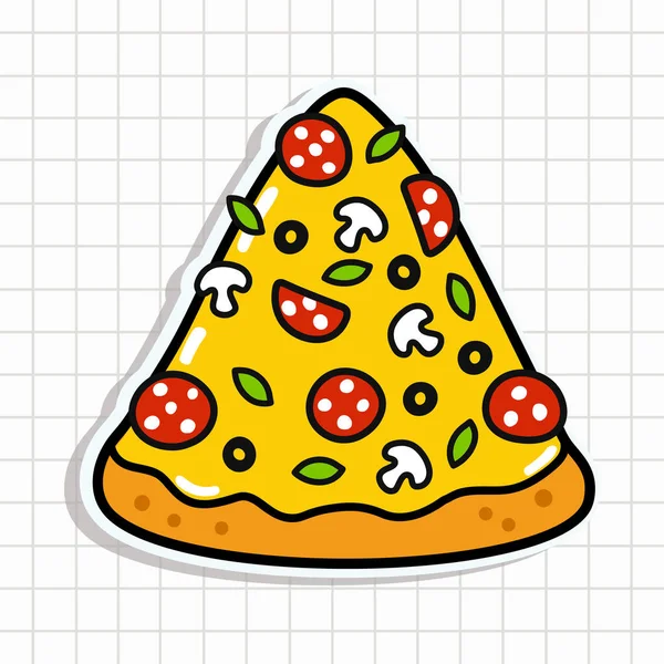 Bonito Pedaço Engraçado Etiqueta Pizza Vector Mão Desenhada Desenho Animado — Vetor de Stock