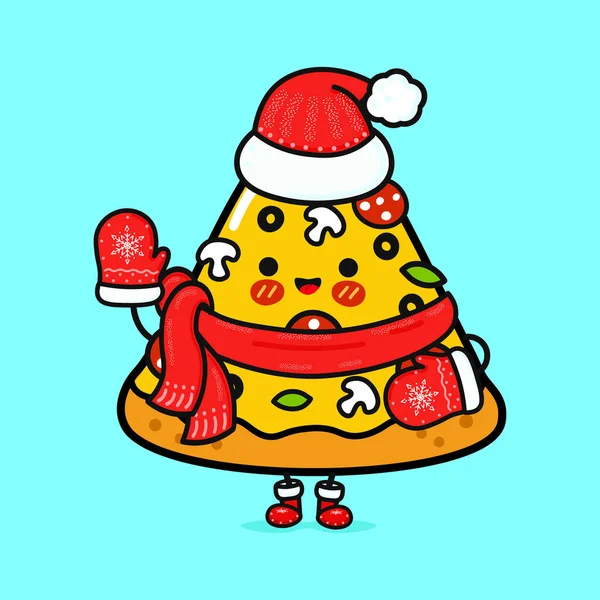 Engraçado Sorrindo Pedaço Feliz Chapéu Natal Pizza Desenho Ícone Ilustração — Vetor de Stock