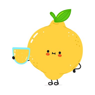 Bir bardak meyve suyu karakteri olan şirin, komik Lemon. Vektör el çizimi çizgi film kawaii karakter çizimi simgesi. Beyaz arka planda izole edilmiş. Meyve suyu konsepti olan limon karakteri