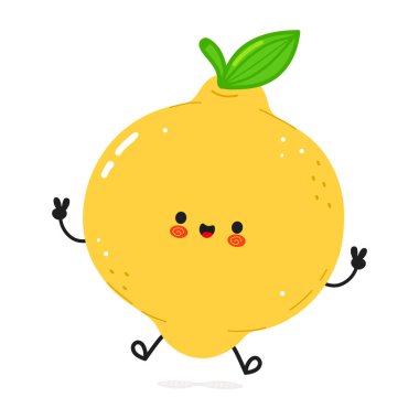 Şirin, komik Lemon Zıplayan karakter. Vektör el çizimi çizgi film kawaii karakter çizimi simgesi. Beyaz arka planda izole edilmiş. Mutlu Lemon karakter konsepti