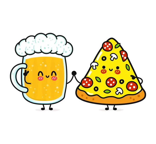 Carino Divertente Bicchiere Felice Birra Pizza Vettoriale Disegnato Mano Personaggi — Vettoriale Stock