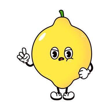 Şirin, ağlayan, sinirli Lemon karakteri. Vektör el geleneksel çizgi film klasiği, retro kawaii karakter simgesi çizdi. İzole edilmiş beyaz arka plan. Üzgün Limon karakter konsepti