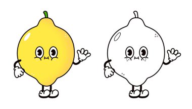 Sevimli komik Lemon boyama kitabı için el sallayarak çizgi film çizimi çiziyor. Vektör karabiber eli geleneksel çizgi film klasiği, retro, ikon çizdi. Mutlu Lemon karakter konsepti