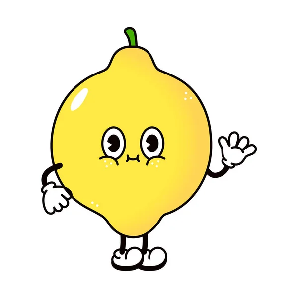 Cute Śmieszne Lemon Macha Ręką Charakter Wektor Ręcznie Rysowane Tradycyjne — Wektor stockowy