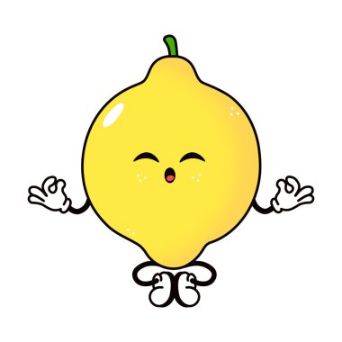 Sevimli komik Lemon yoga karakteri yapıyor. Vektör el, geleneksel çizgi film klasiği, retro kawaii karakter resimleme simgesi çizdi. İzole edilmiş beyaz arka plan. Lemon rahatla karakter konsepti
