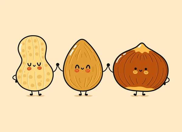 Cute Funny Happy Almonds Peanuts Hazelnut Vector Hand Drawn Cartoon — Stock Vector