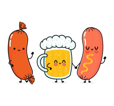 Cute, funny happy glass of beer, sausage and sausage with mustard. Vector hand drawn cartoon kawaii characters, illustration icon. Funny cartoon glass of beer, sausage and sausage with mustard mascot