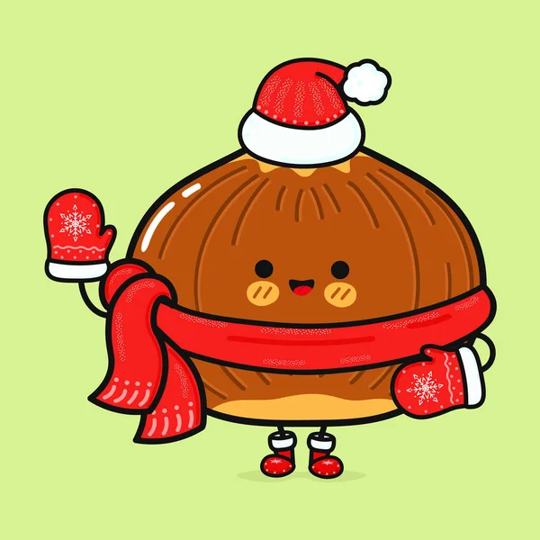 Engraçado Sorrir Feliz Chapéu Natal Avelã Desenho Ícone Ilustração Personagem — Vetor de Stock