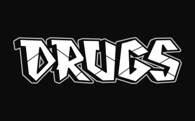 Uyuşturucu sözcüğü psikedelik graffiti tarzı harfler. Vektör el karalama çizimi uyuşturucu logosu illüstrasyonu. Komik garip mektuplar, moda, tişört için graffiti tarzı baskı, poster.