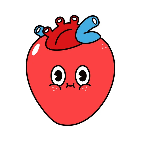 かわいい面白い心臓の臓器の文字 ベクターハンドは 伝統的な漫画のヴィンテージ レトロなカワイイキャラクターイラストのアイコンを描いた 隔離された白い背景 ハートオルガンキャラクターコンセプト — ストックベクタ