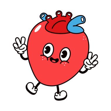 Sevimli komik kalp organı el sallayan karakter. Vektör el geleneksel çizgi film klasiği, retro, kawaii karakter çizimi ikonu çizdi. İzole edilmiş beyaz arka plan. Mutlu Kalp Organı konsepti