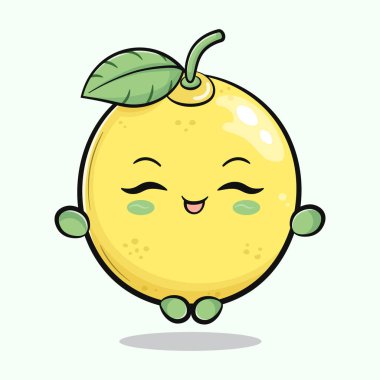 Sevimli komik Lemon yoga karakteri yapıyor. Vektör el, geleneksel çizgi film klasiği, retro kawaii karakter resimleme simgesi çizdi. İzole edilmiş yeşil arka plan. Lemon rahatla karakter konsepti
