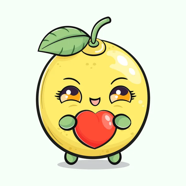 Schattig Grappig Citroenfruit Met Hart Hand Vector Hand Getekend Cartoon — Stockvector