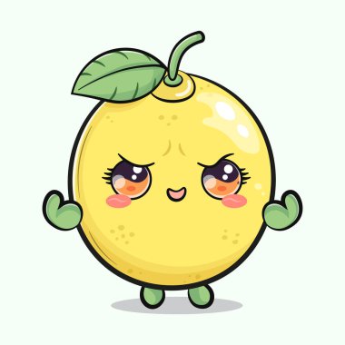 Sevimli, komik, limonlu. Vektör el çizimi çizgi film kawaii karakter çizimi simgesi. İzole edilmiş yeşil arka plan. Limon kas karakter kavramını gösterir