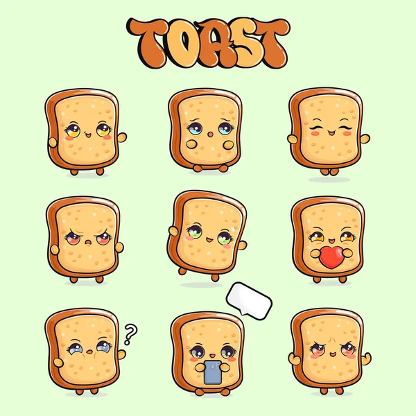 Lustige Toastbrot Charaktere Bündel Set Vector Handgezeichnet Doodle Stil Zeichentrickfigur — Stockvektor